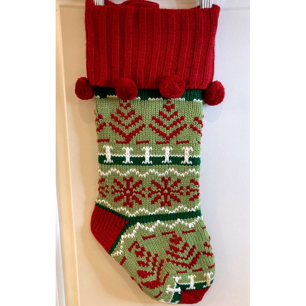 Personal Creations Knit Snowflake/Argyle Christmas Stocking Pom Pom Red Green